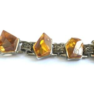 Vintage Silver Tone Metal Bracelet Assymetrical Faceted Genuine Amber Crystals